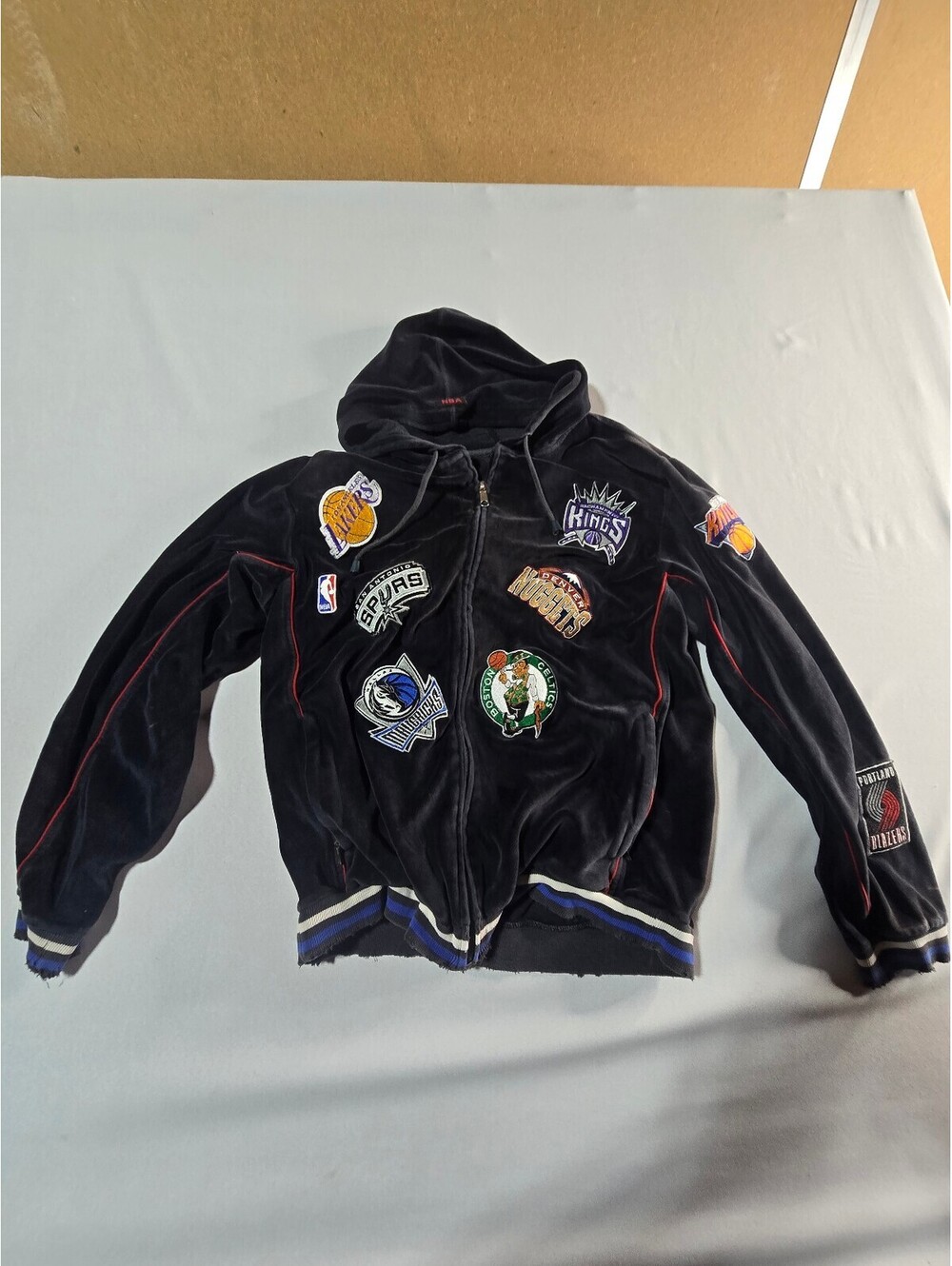Vintage NBA Team Patch Black Velvet Hoodie Jacket